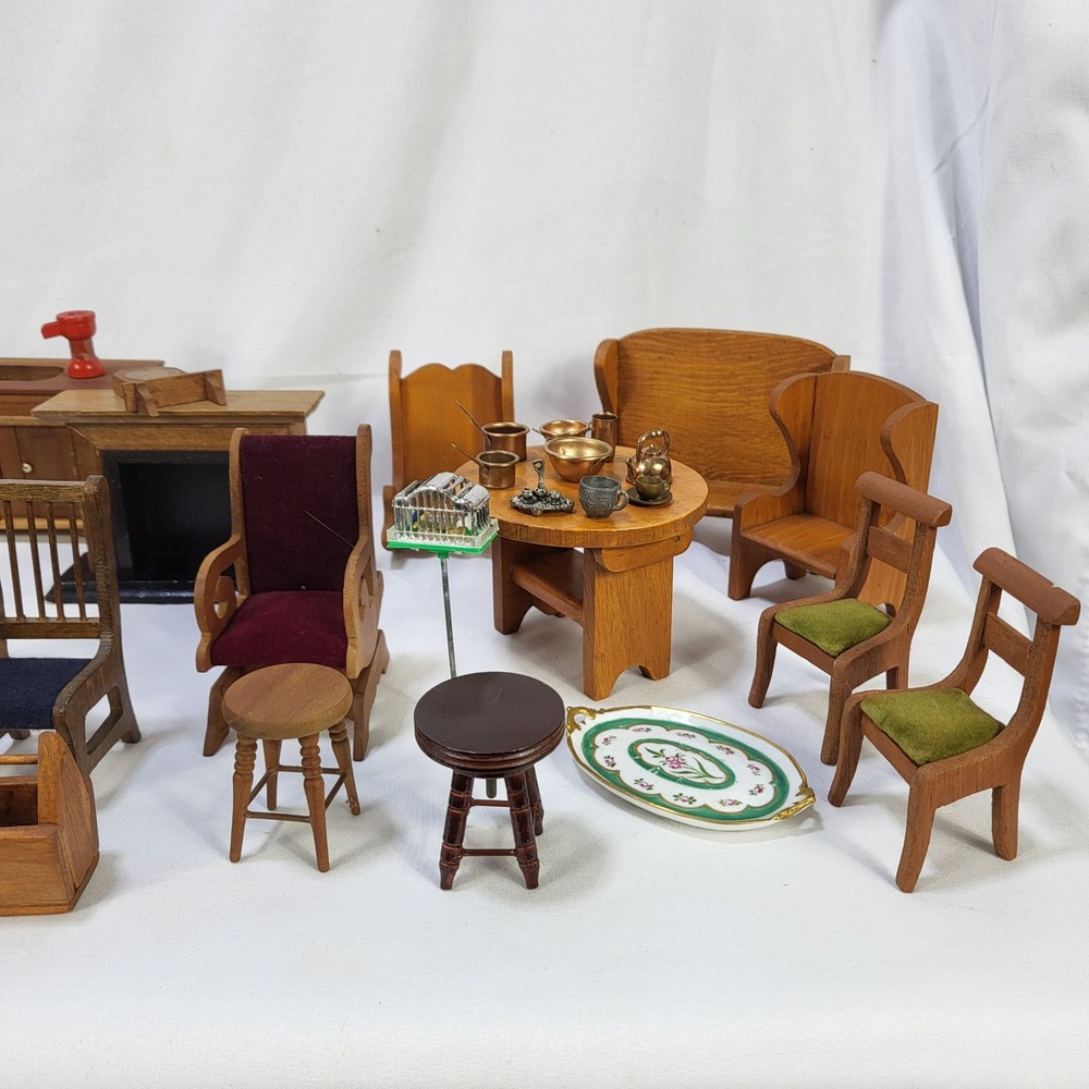 Large Lot VTG Dollhouse Furniture Wooden Miniature Sofa Chairs Fireplace Cradle - Picture 4 of 16